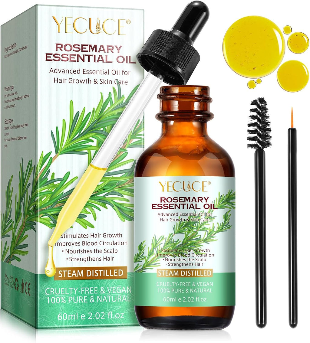 Rosemary Oil, 2.02 Fl Oz Pure Rosemary Essential Oil with with Glass Dropper - Undiluted Rosemary Massage Oil for Hair Growth Skin Care and Nails and Refreshing Aromatherapy Oil for Diffusers