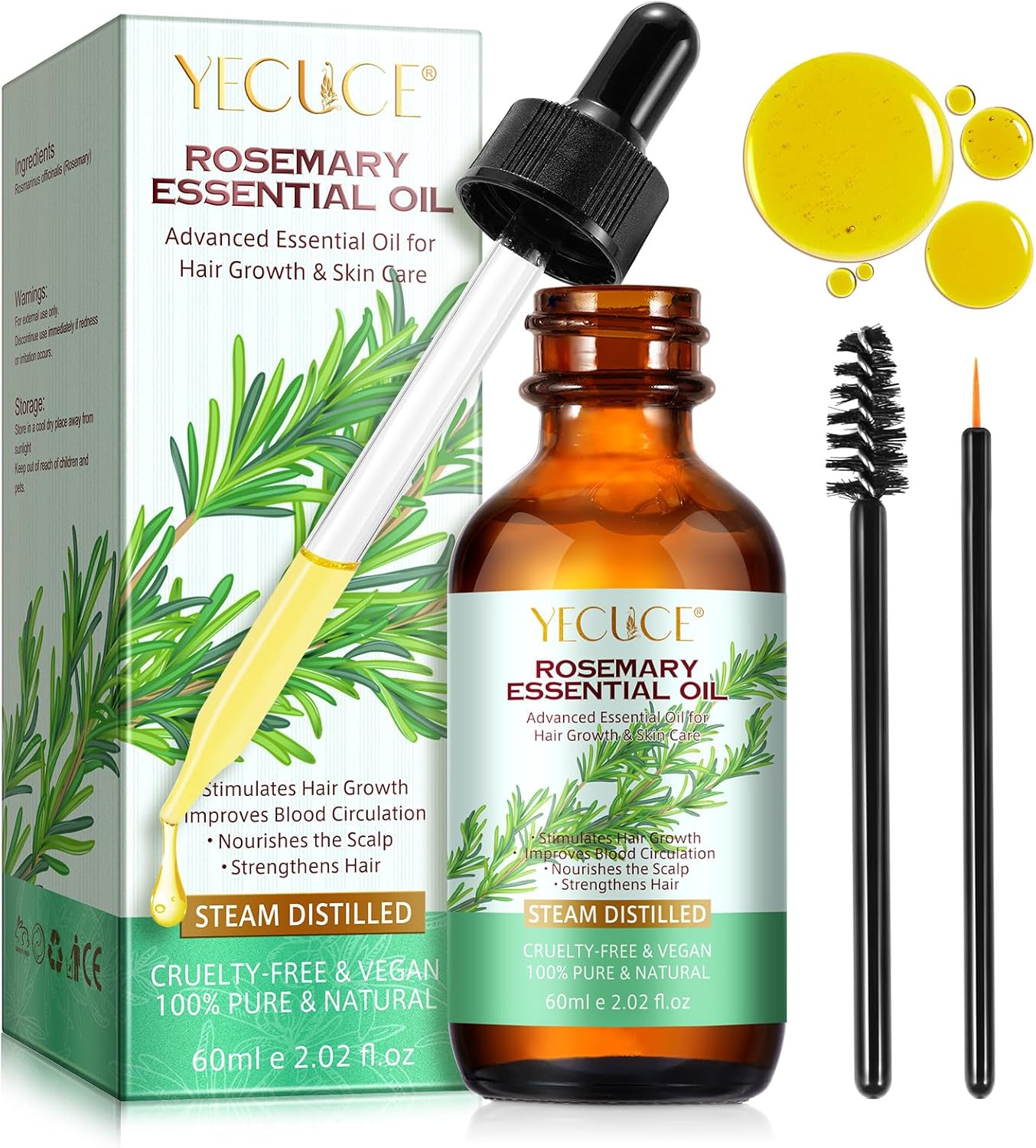 Rosemary Oil, 2.02 Fl Oz Pure Rosemary Essential Oil with with Glass Dropper - Undiluted Rosemary Massage Oil for Hair Growth Skin Care and Nails and Refreshing Aromatherapy Oil for Diffusers