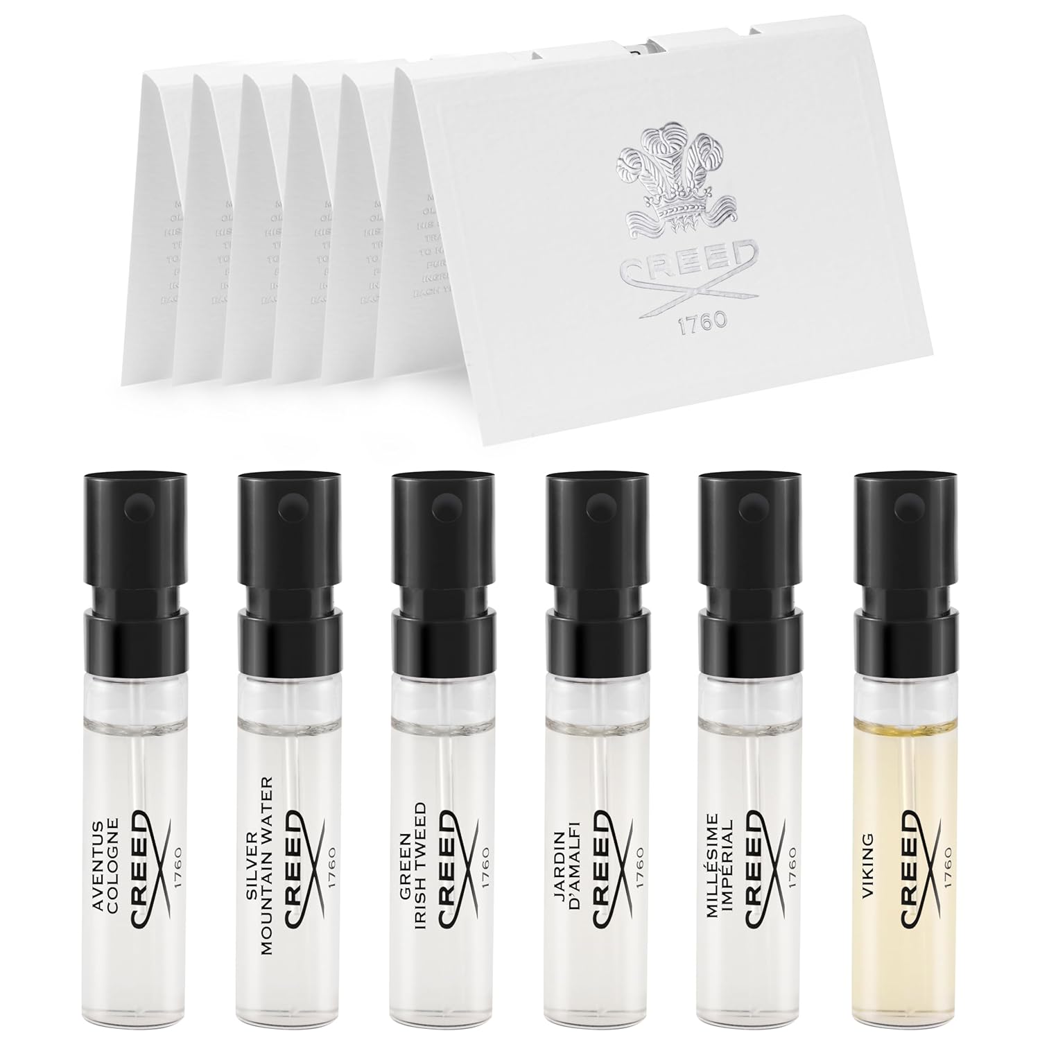 Creed Vial Variety Bundle: Men's Fragrances Sample Set - Aventus, Green Irish Tweed, Jardin D'amalfi, Silver Mountain Water, Millesime Imperial, Viking - 6 Cologne Samples, 0.05 oz Each