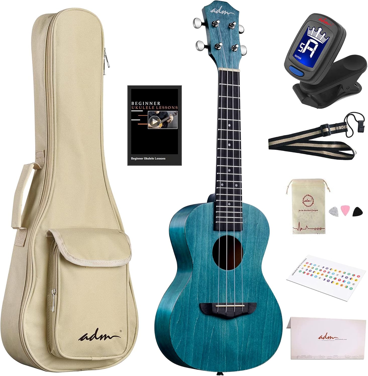 ADM Concert Ukulele Beginner Kit 23 Inch Mahogany Hawaiian Wood Ukelele Bundle Ukalalee Set with Uke Free Starter Lessons for kids Students and Adults, Blue