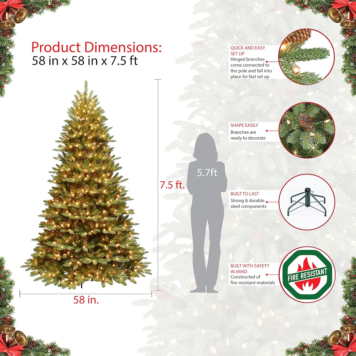 7.5 ft Pre-Lit Fraser Fir Artificial Christmas Tree with 750 Clear Lights J476696