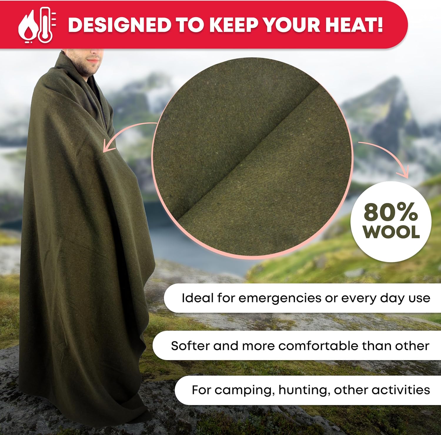 Warm Fire Retardant Wool Blanket, 66" x 90" U43238
