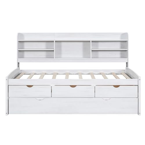 Twin Size Captain Bed with Built-in Bookshelves, Storage Drawers and Trundle A24504