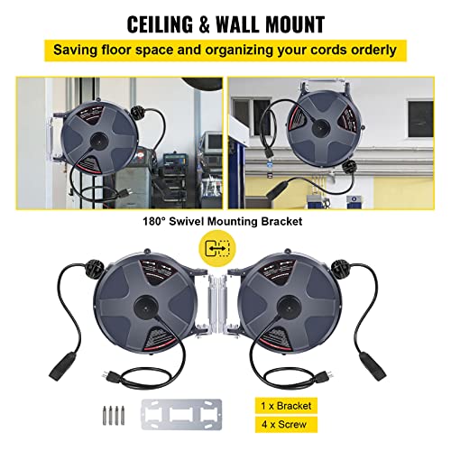 Retractable Extension Cord Reel 50 FT Heavy Duty Power Cord with Lighted Triple Tap Outlet H688258