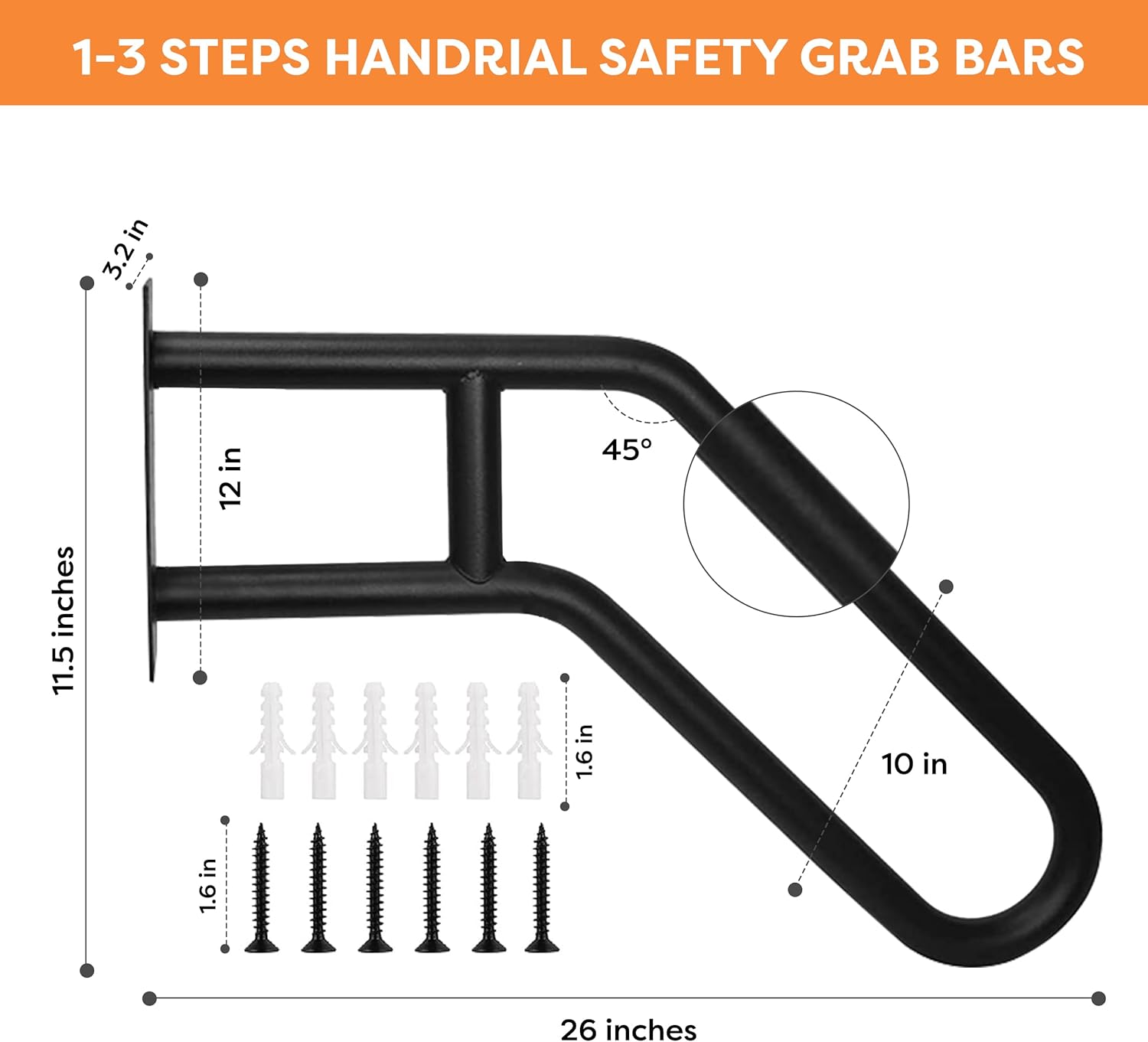 Outdoor Step Handrail, 26" Non Slip Metal Wall Mount for 1-3 Steps H583