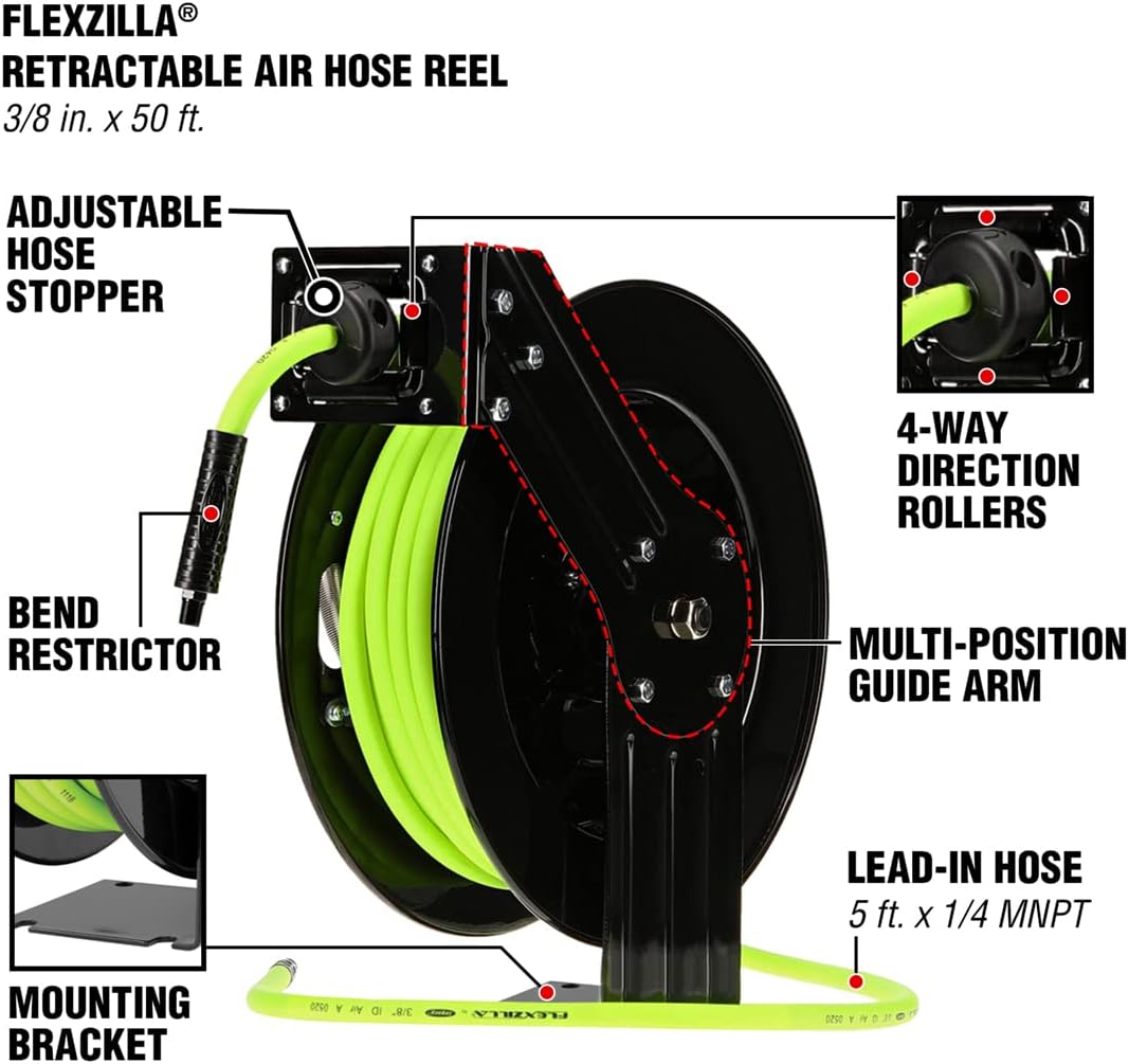 Open Face Retractable Air Hose Reel, 3/8 in. x 50 ft., Heavy Duty V12033