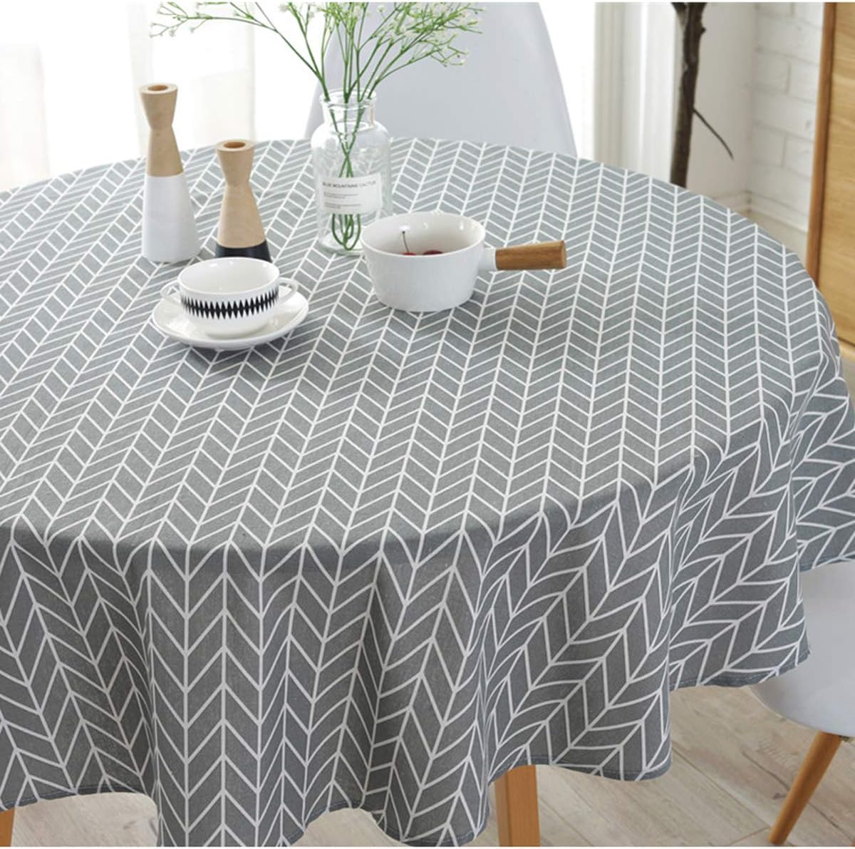 Cotton Linen Tablecloth with Arrow Pattern, Round 60 Inch L1726