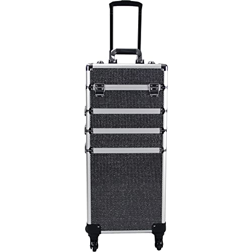 4 in 1 Rolling Makeup Train Case, Aluminum Makeup Travel Organizer Cosmetic Case, Cosmetology Display Suitcase on Wheels, Beauty Storage Luggage Lockable w/4 Removable Wheels(Silver)