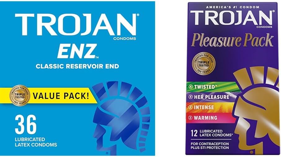 TROJAN ENZ Lubricated Condoms, Latex Condoms for Contraception and STI Protection, America’s Number One Condom, 36 Count Value Pack & Pleasure Variety Pack Lubricated Condoms - 12 Count