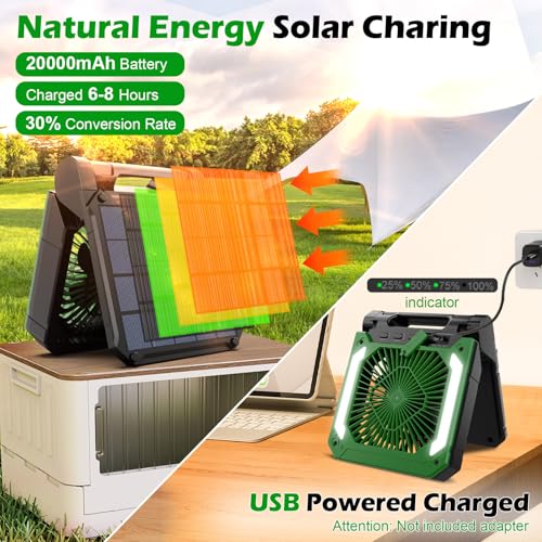 Solar Powered Camping Fan with LED Lantern, Rechargeable, 3 Speeds R48444