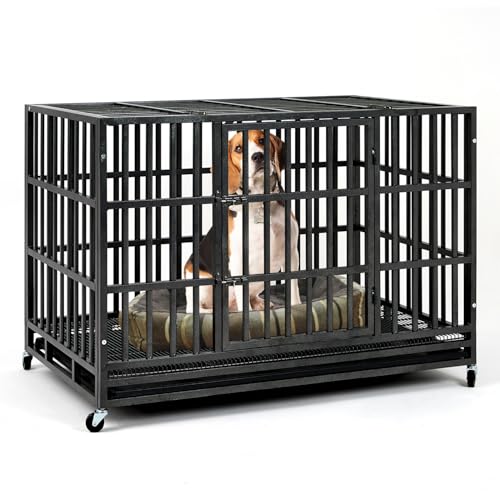 Upgrade 48 Inch Heavy Duty Indestructible XL Dog Crate Steel Escape Proof, Indoor Double Door High Anxiety Cage, Kennel with Wheels, Removable Tray, Extra Large XL XXL
