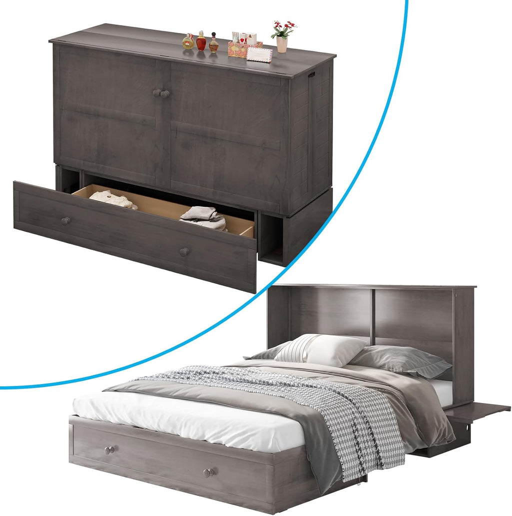 MUZZ Queen Size Cabinet Murphy Bed, Murphy Bed with Foldable Foam Mattress, Space-Saving Cube Murphy Bed with Charging Station and Large Storage Drawer (Grey)