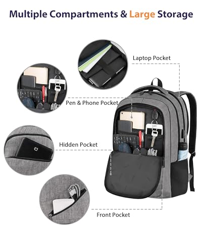 18 Inch Laptop Backpack, Extra Large Travel with Luggage Strap, TSA Approved Waterproof, Grey C969