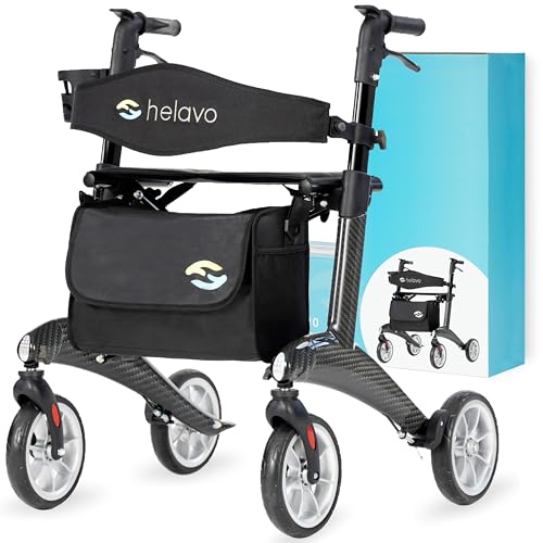 Helavo Ultralight Carbon Fiber 4-Wheel Rollator Walker for Seniors - Lightweight (12.3 lbs), 25.2" Width, 300 lbs Capacity, 8" Wheels, Foldable, Height Adjustable