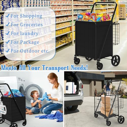 Heavy Duty Folding Shopping Cart with Double Basket and 360° Swivel Wheels X75734