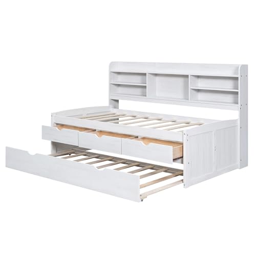Twin Size Captain Bed with Built-in Bookshelves, Storage Drawers and Trundle A24504