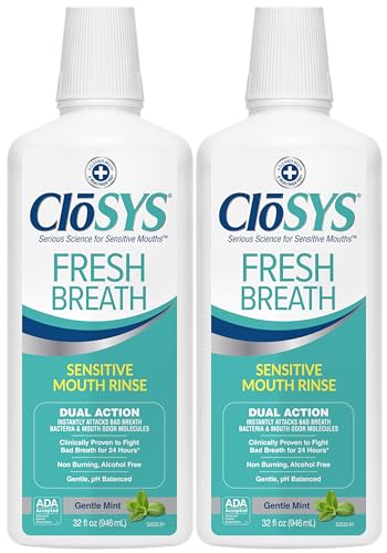 CloSYS Sensitive Mouthwash, 32 Ounce, Gentle Mint, Alcohol Free, Dye Free, pH Balanced, Helps Soothe Mouth Sensitivity, Fights Bad Breath