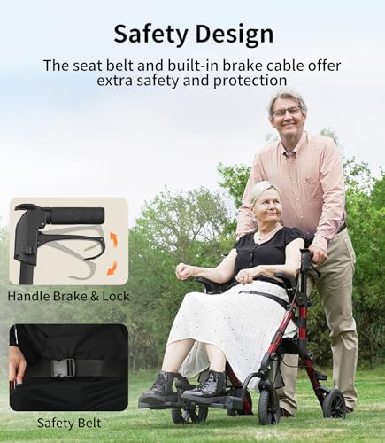 Rollator Walker with Seat, Lightweight Foldable Transport Chair with Brakes W69207
