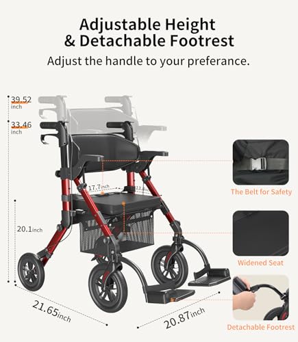 Rollator Walker with Seat, Lightweight Foldable Transport Chair with Brakes W69207