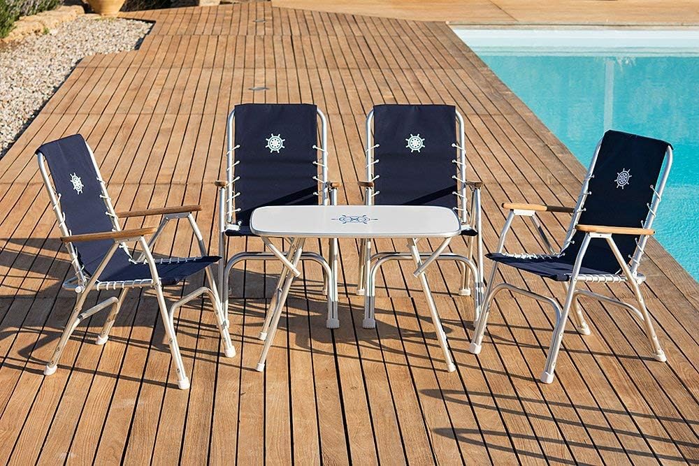 Boat Chairs High Back Blue Deck Folding Aluminum Teak Set of 2 V646954