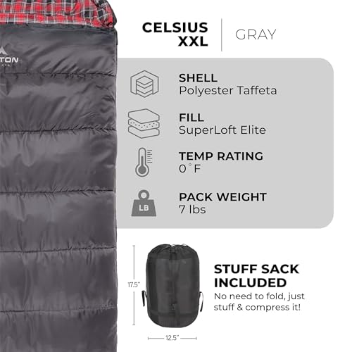 Celsius XXL Sleeping Bag for Adults, All Weather Camping, Compression Sack Included S755