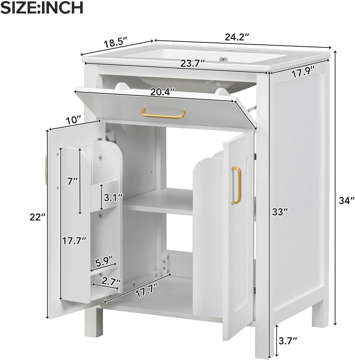 24" Bathroom Vanity with Sink, Single Basin, 2 Soft-Close Doors and Drawer, White G688089