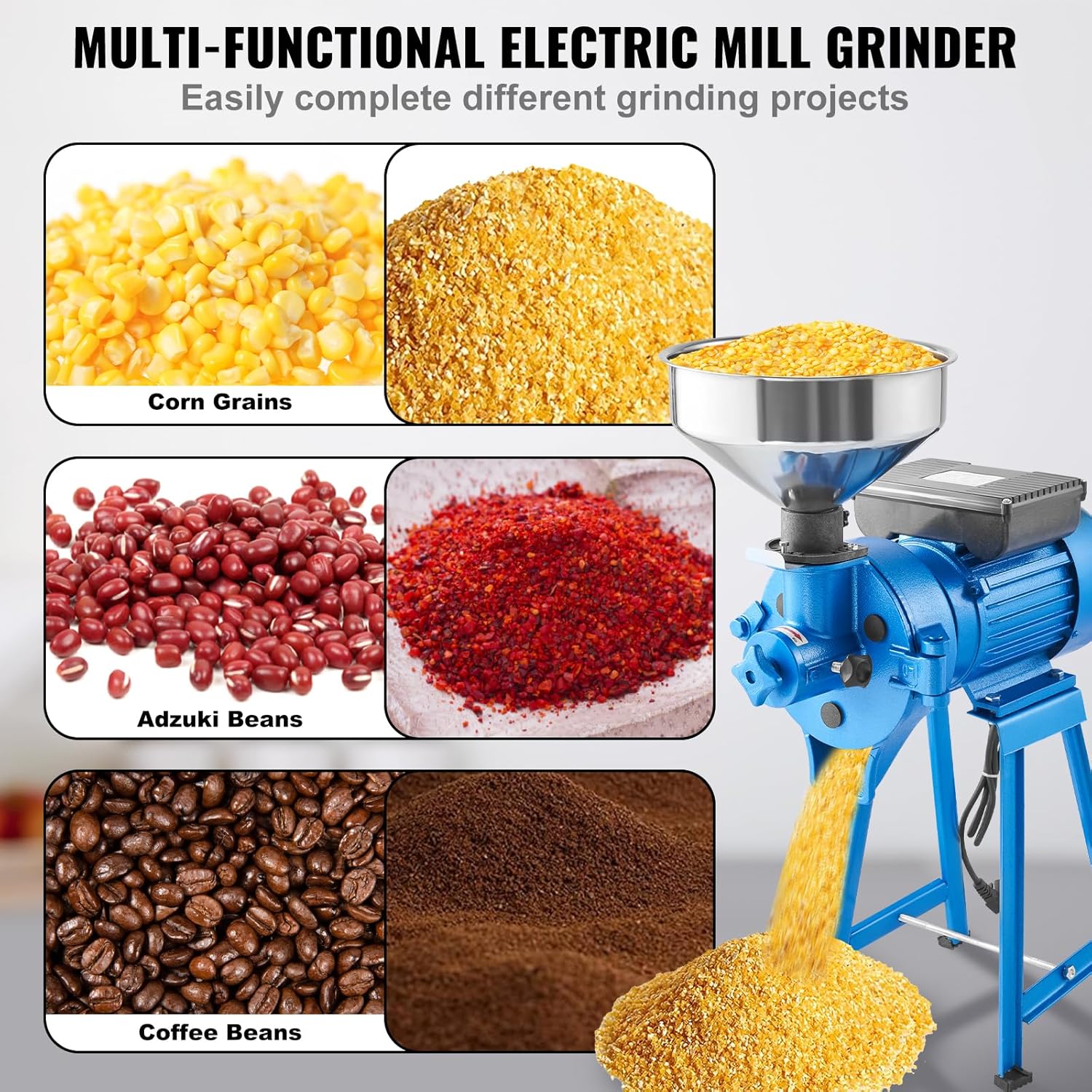 Electric Grain Mill Grinder, 1500W Dry & Wet Spice Grinder, Commercial Corn Mill with Funnel T7285