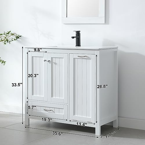 36" Bathroom Vanity with Sink Combo Set, Cabinet with Laundry Hamper, 2 Doors, 1 Drawer, Soft Closing, White S415