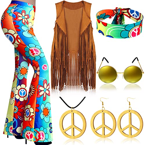 7 Pcs 60s 70s Outfits for Women Hippie Costume Set Boho Flared Pants Fringe Vest Peace Sign Accessories Set