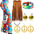 7 Pcs 60s 70s Outfits for Women Hippie Costume Set Boho Flared Pants Fringe Vest Peace Sign Accessories Set