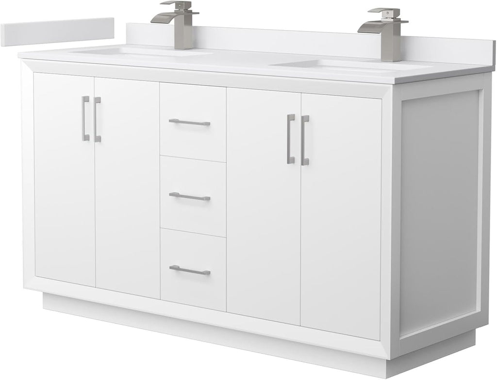 Wyndham Collection Strada 60 Inch Double Bathroom Vanity in White, White Cultured Marble Countertop, Undermount Square Sink, Brushed Nickel Trim