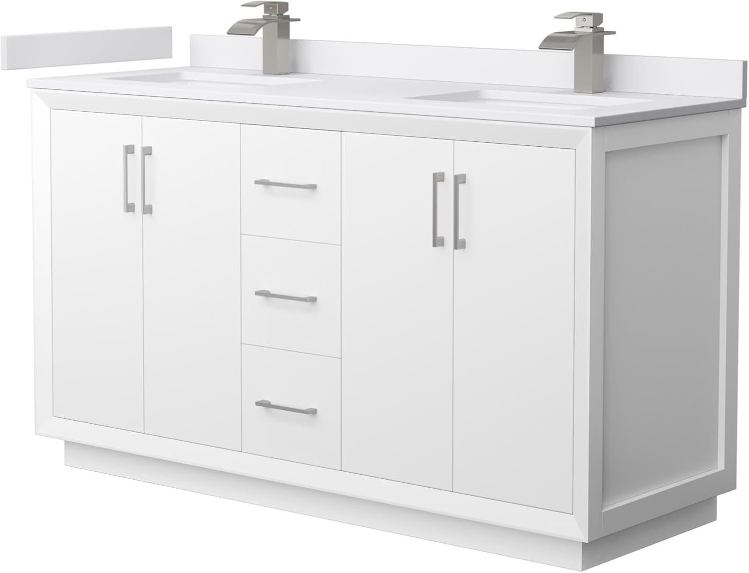 Wyndham Collection Strada 60 Inch Double Bathroom Vanity in White, White Cultured Marble Countertop, Undermount Square Sink, Brushed Nickel Trim