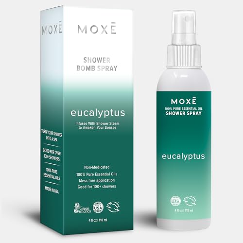 MOXE Eucalyptus Oil Shower Mist, Spa Steam Spray, Certified Natural 100% Essential Oils, Made in USA, Aromatherapy, Sinus Congestion Relief, Tension Relief (4oz)
