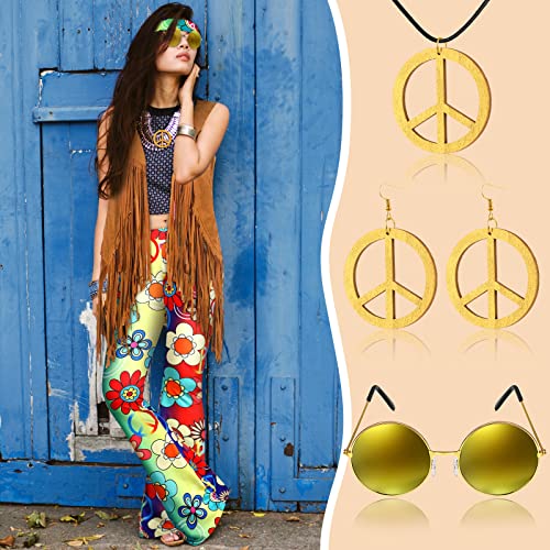 Hippie Costume Set for Women Boho Flared Pants Fringe Vest Accessories F79232