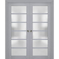 SARTODOORS Sliding French Double Pocket Doors 48 x 80 inches | Veregio 7602 Matte Grey with Frosted Glass | Kit Trims Rail Hardware | Solid Wood Interior Bedroom Sturdy Doors