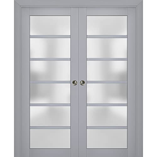SARTODOORS Sliding French Double Pocket Doors 48 x 80 inches | Veregio 7602 Matte Grey with Frosted Glass | Kit Trims Rail Hardware | Solid Wood Interior Bedroom Sturdy Doors