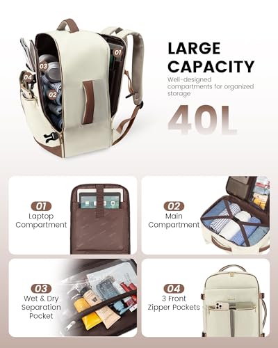 Carry On Backpack 40L Travel Backpack with 3 Packing Cubes, TSA Approved, Waterproof Laptop Backpack V645