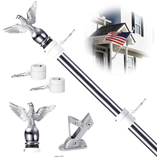 6FT Flag Pole Kit for House with Holder Bracket, Upgrade Stainless Steel Tangle Free Flagpole, Heavy Duty House Flag Pole Kit for 3x5 American Flag for Outside Porch,Outdoor,Boat (Silver)