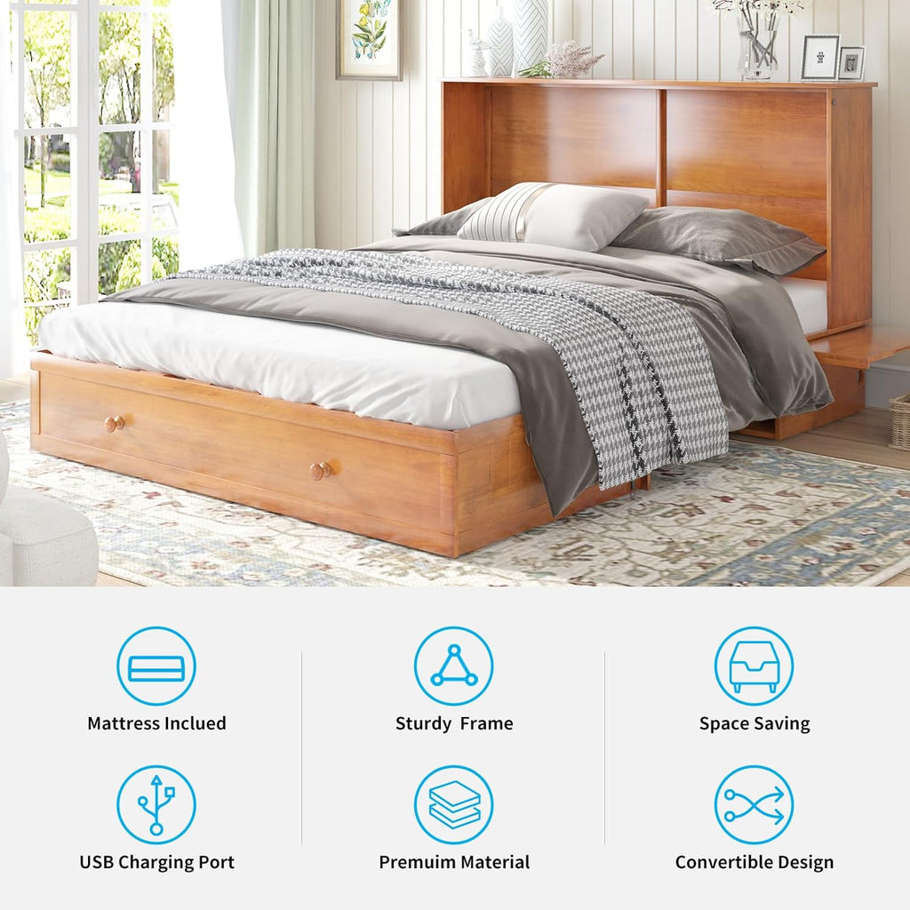 Queen Size Murphy Bed with Foldable Foam Mattress and Storage Drawer M962653