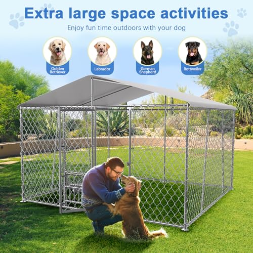 10x10x7FT Outdoor Dog Kennel with Cover and Bowls D9939