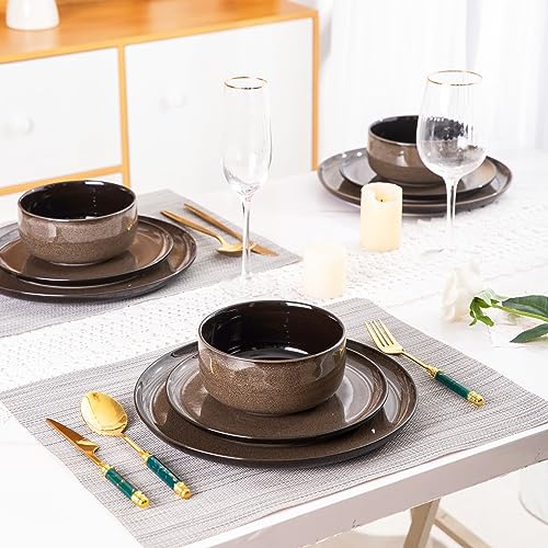 Ceramic Dinnerware Set of 18, Porcelain Plates and Bowls, Reactive Glaze, Oven and Dishwasher Safe I6158