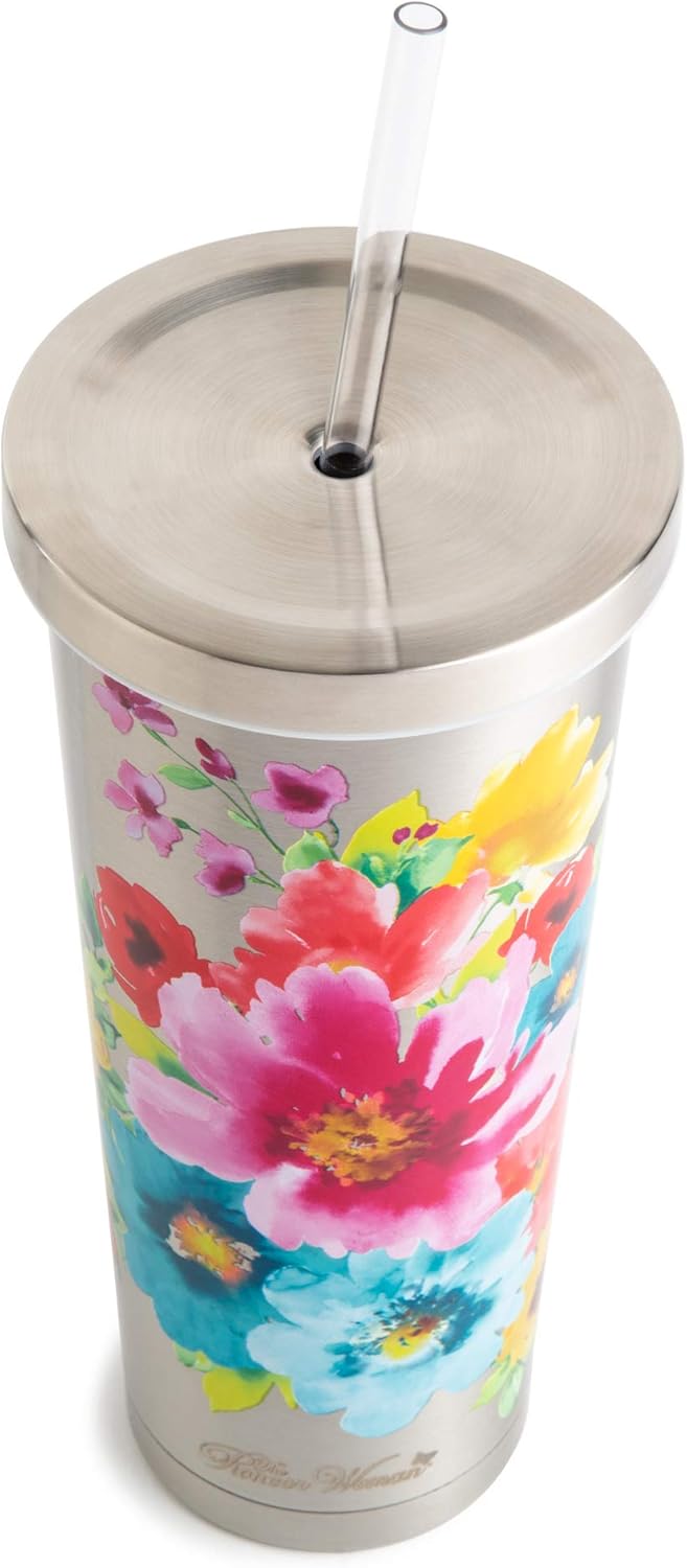 Stainless Steel Tumbler Set 24 Oz, Red and Yellow Floral Design T65435