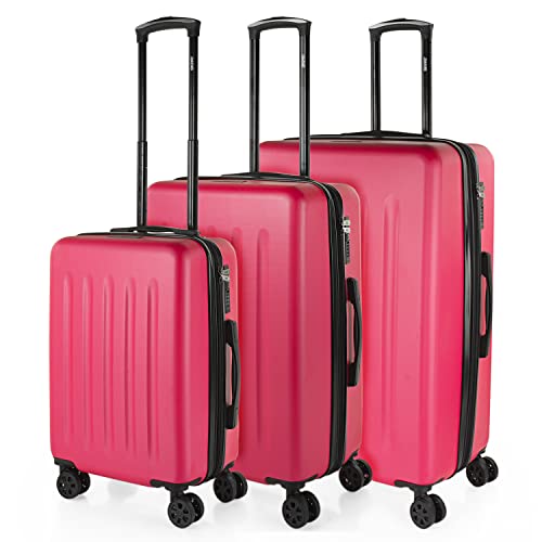 Hard Shell Suitcase Set of 2-4 Double Wheel ABS Luggage Sets 3 Piece with TSA Combination Lock - Resistant and Lightweight Hard Suitcase Set in Small Cabin Size, Medium and Large, Fuchsia