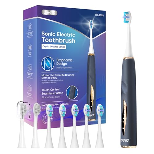 SEAGO Electric Toothbrushes for Adults, Rechargeable Toothbrushes with 8 Brush Heads,5 Modes, Toothbrush with Pressure Sensor,Ultrasonic Toothbrush,SG-2753(Beige)