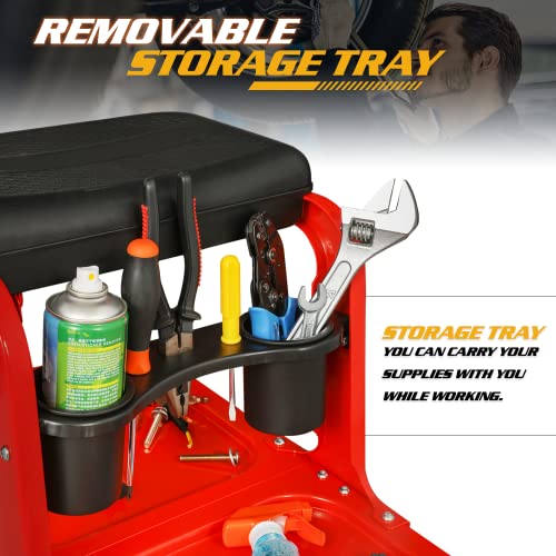 Garage Mechanic Creeper Seat with Tool Tray and Cup Holder, Rolling Stool on Wheels, 350 lbs Capacity H342679
