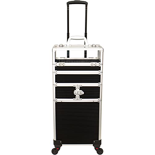 4 in 1 Professional Makeup Train Case Aluminum Cosmetic Case Rolling Makeup Case Extra Large Trolley Makeup Travel Organizer, with 360° Swivel Wheels(Line Black)