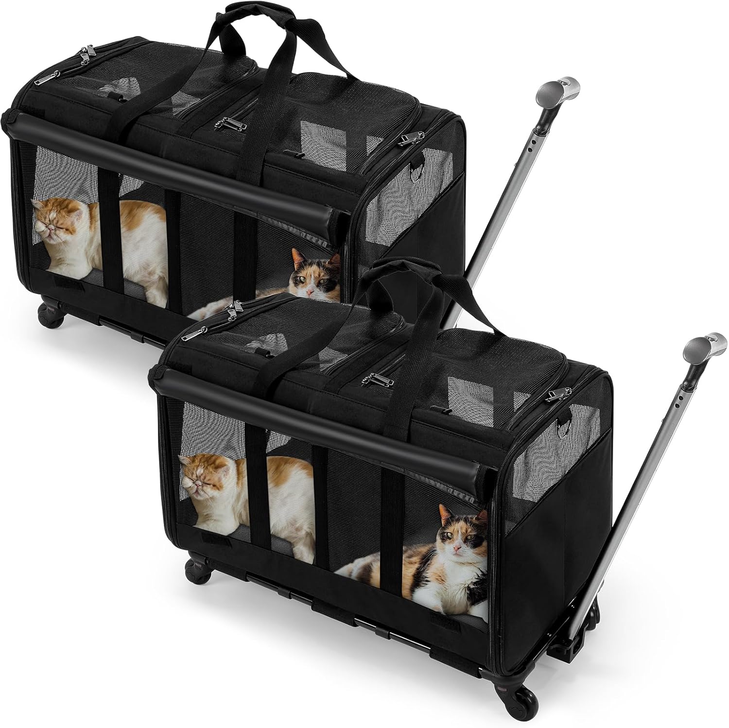 2 Set Pet Carrier with Wheels for 2 Cats, Double Compartment Pet Carrier, Large Rolling Cat Carrier for 2 Cats Dogs Travel Carrier for Outdoor Hiking Camping Veterinary Visits, Black