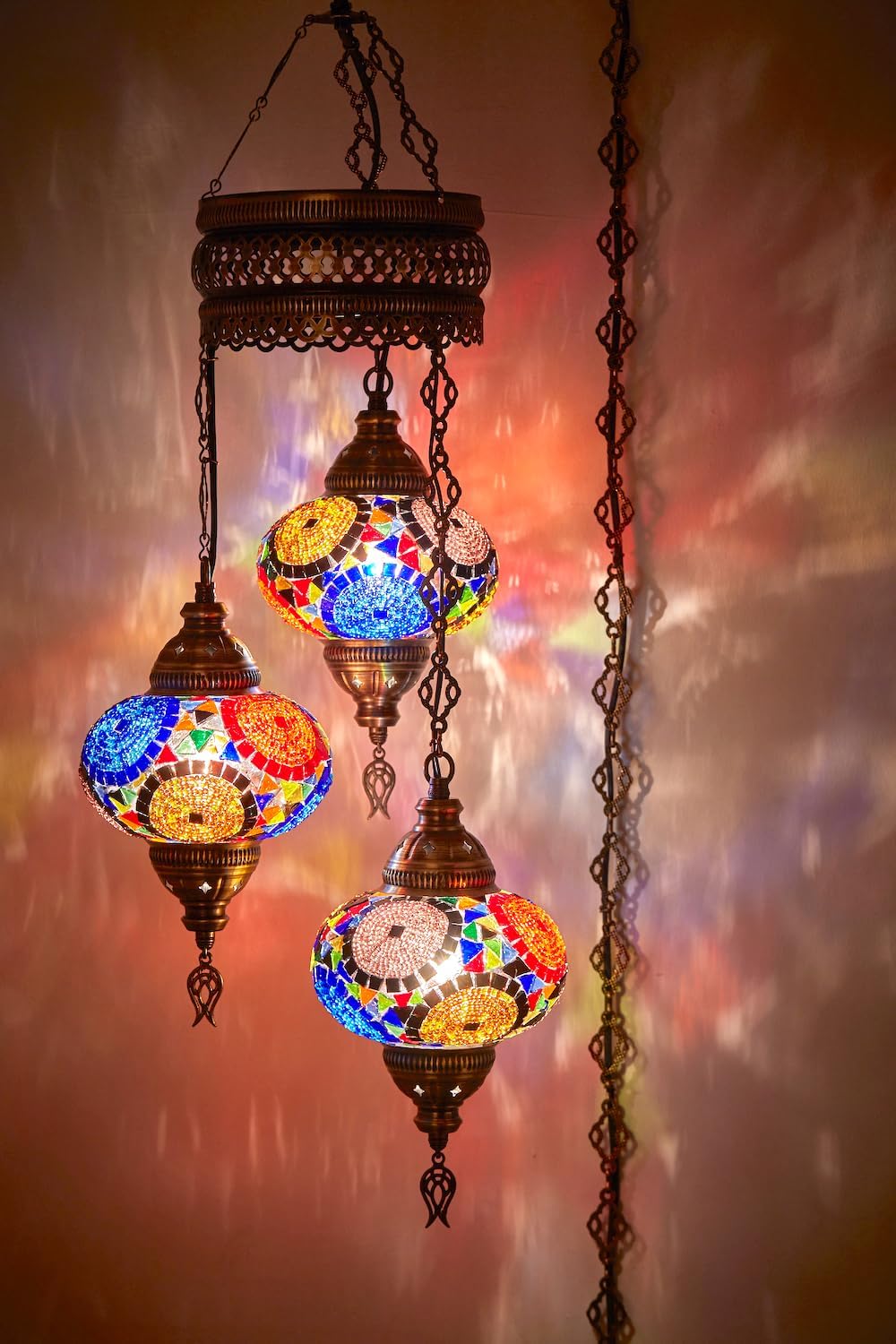 Turkish Moroccan Mosaic Plug In Chandelier, Boho Ceiling Hanging Lamp, 15ft Cord, 3 Globes P769480