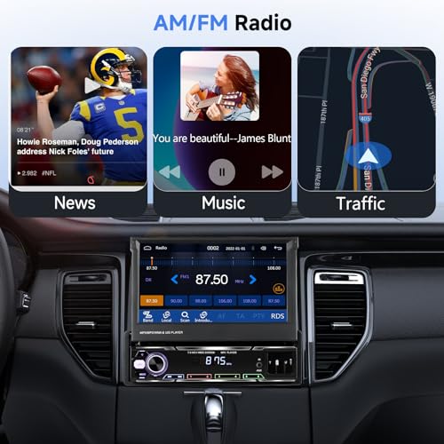 Single Din Car Stereo with Wireless Carplay, 7" Flip Out Touchscreen, Bluetooth, Backup Camera N6782