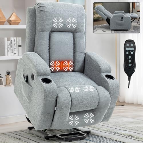 STARSKY Power Lift Recliner Chair for Elderly with Heated and Massage, 8-Point Vibration Massage and Lumbar Heating, USB Charging Port, Cup Holders (Grey)